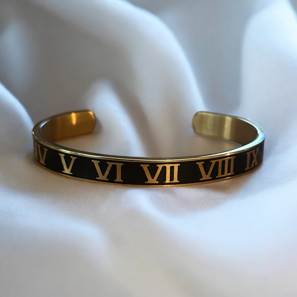Gold stainless steel Roman numeral bangle cuff bracelet